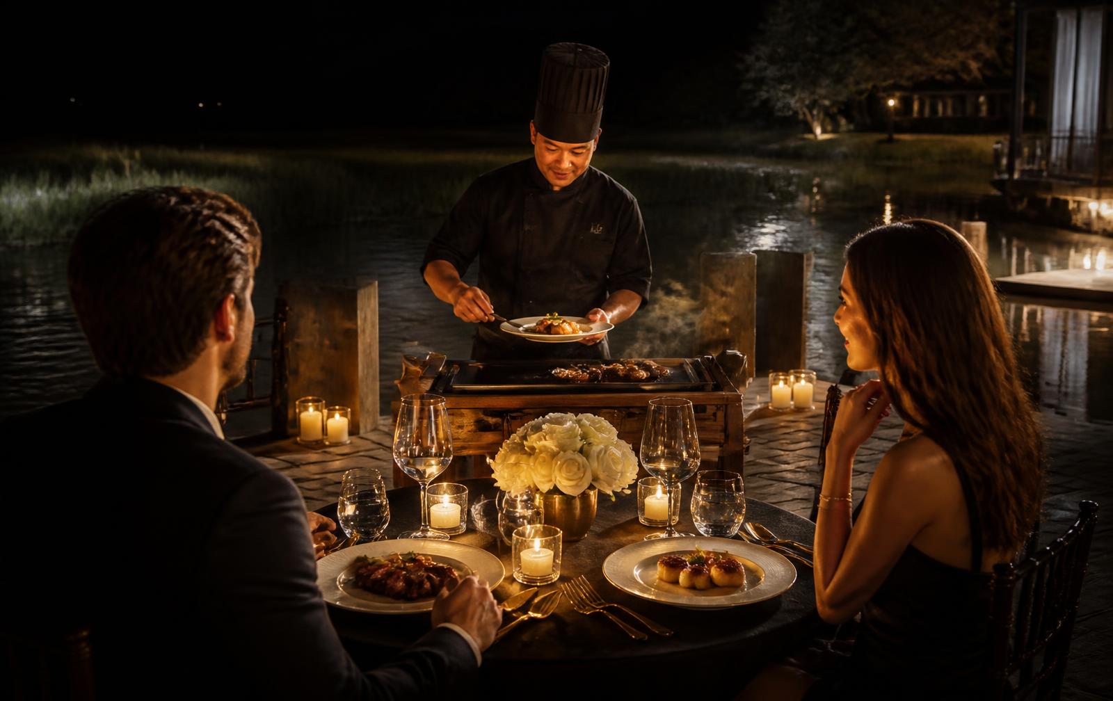 Chef plating seared scallops for a couple at a candlelit table on a private dock at night.