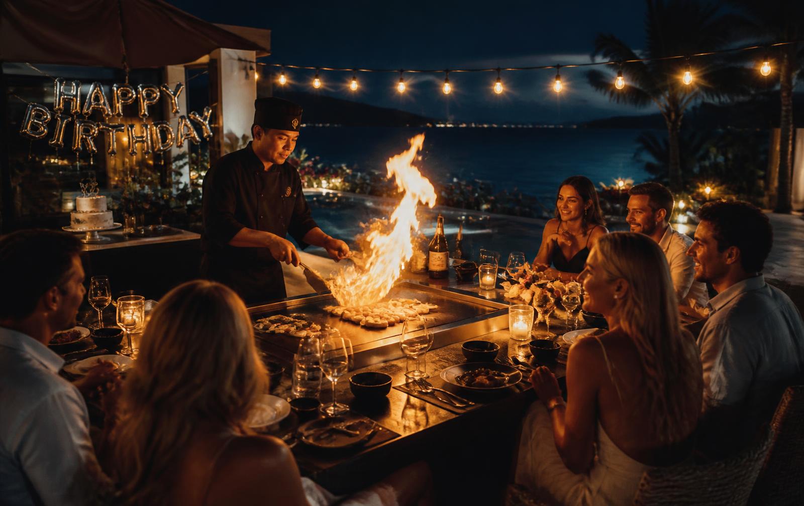 Chef flipping shrimp over a flaming teppanyaki grill at a poolside villa birthday party under string lights.