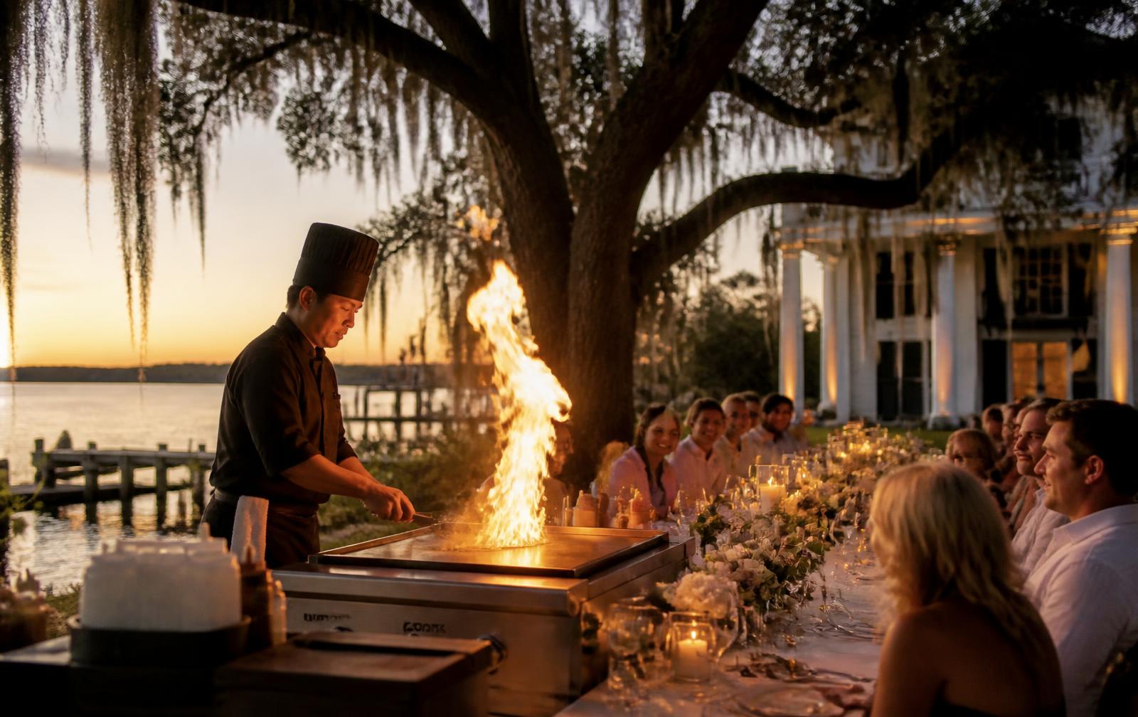 Private hibachi chef sending up a flame at a long candlelit rehearsal dinner table under live oaks at dusk.